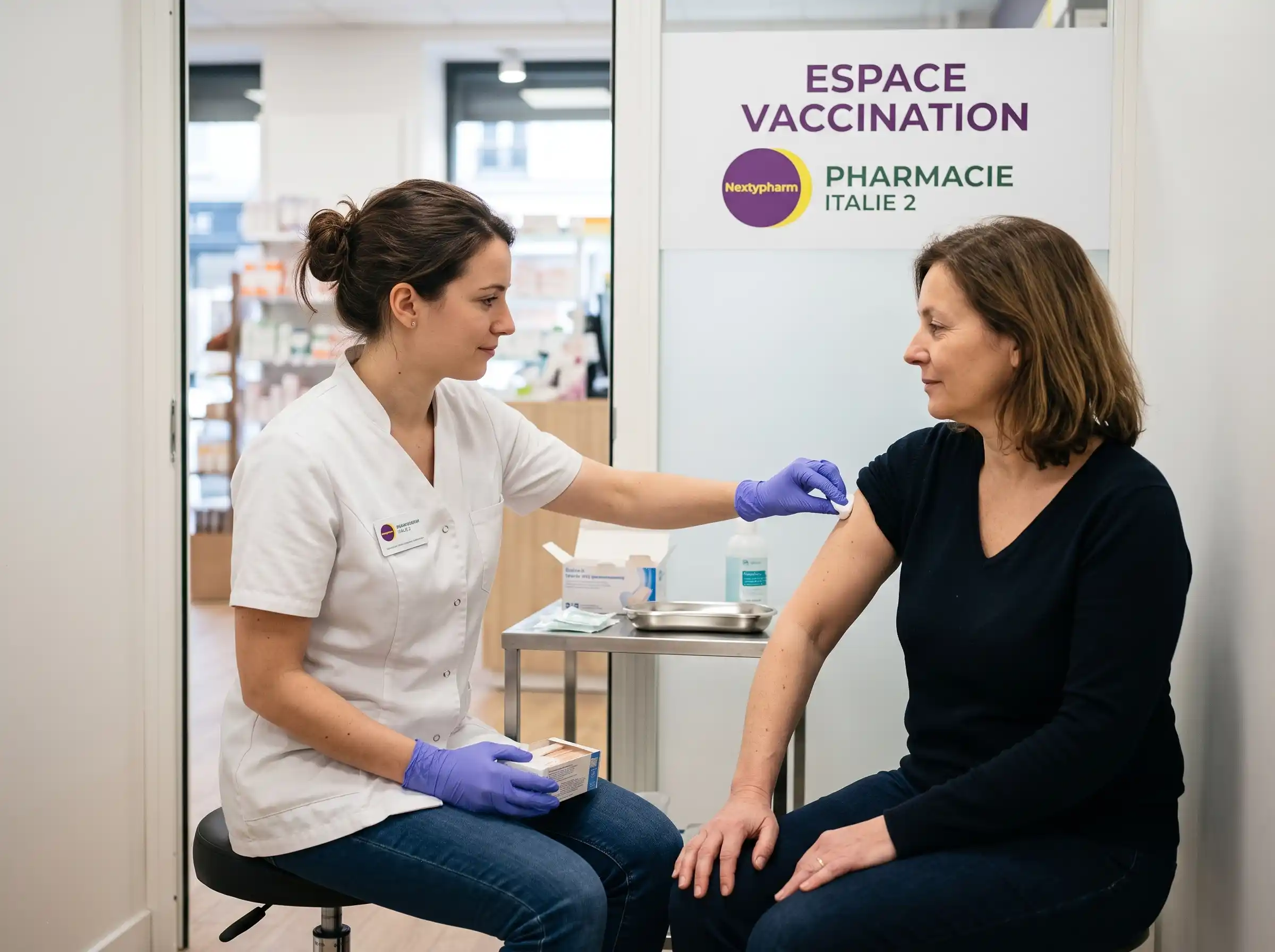Une pharmacienne de la Pharmacie Italie 2 applique un soin sur le bras d'une patiente dans l'espace de vaccination dédié, au sein de l'officine.