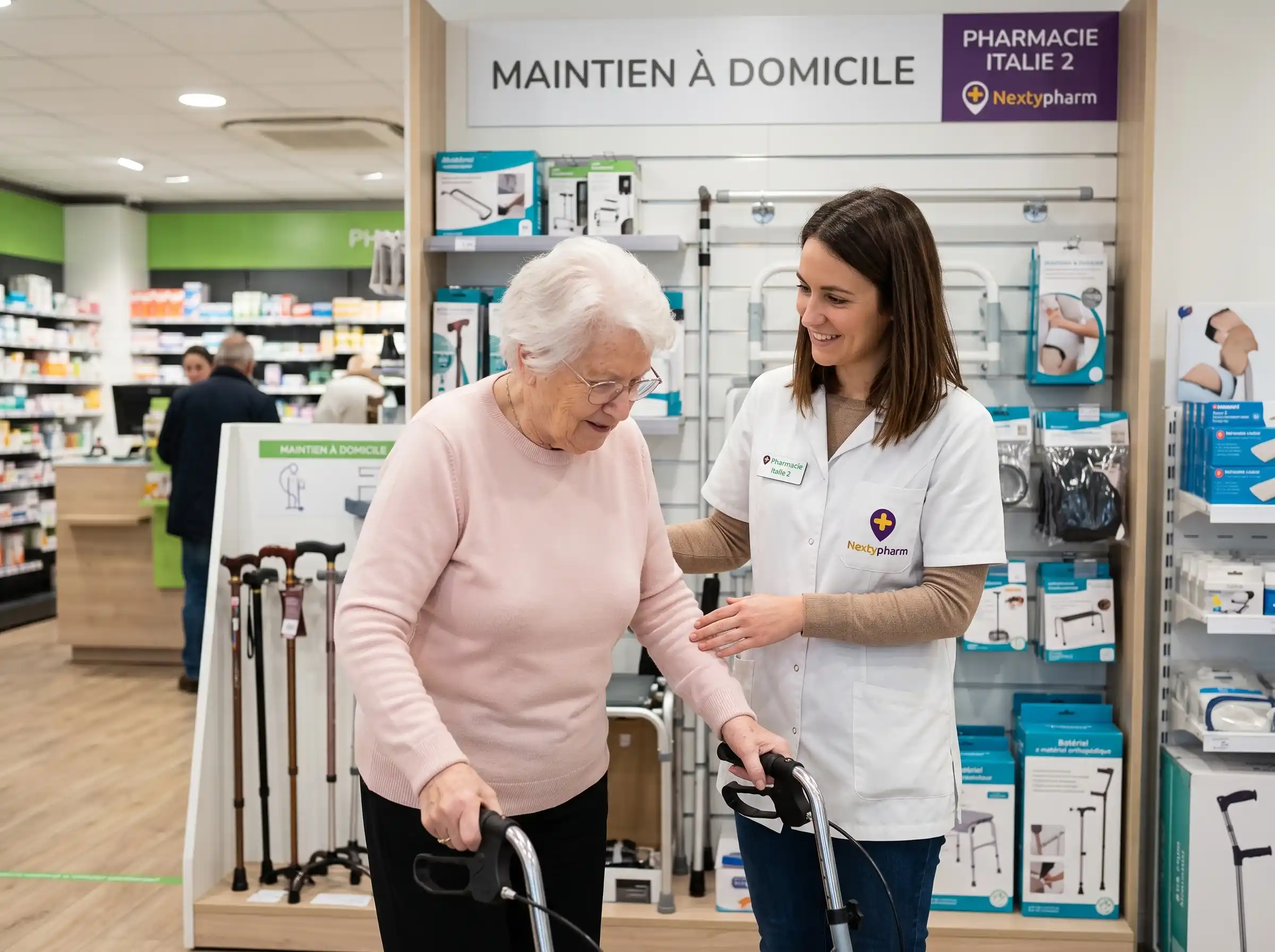 Une pharmacienne de la Pharmacie Italie 2 Nextypharm accompagne et conseille avec bienveillance une cliente âgée essayant un déambulateur dans le rayon maintien à domicile.