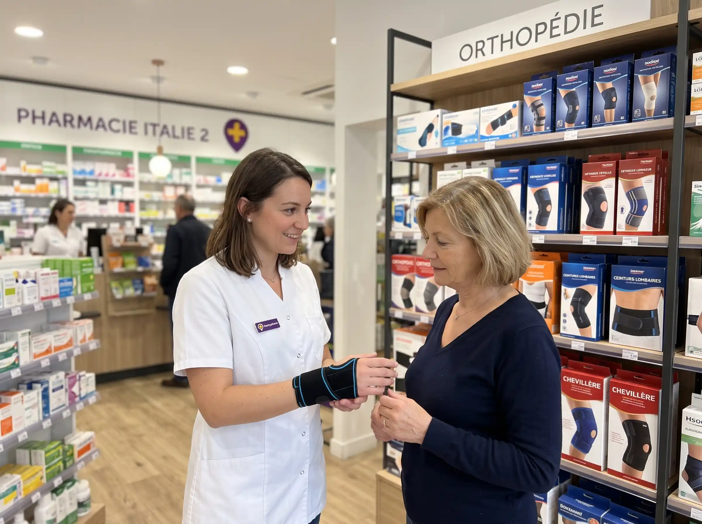 Une pharmacienne de la Pharmacie Italie 2 conseillant une patiente devant le rayon orthopédie et lui montrant comment utiliser une orthèse de poignet noire et bleue.