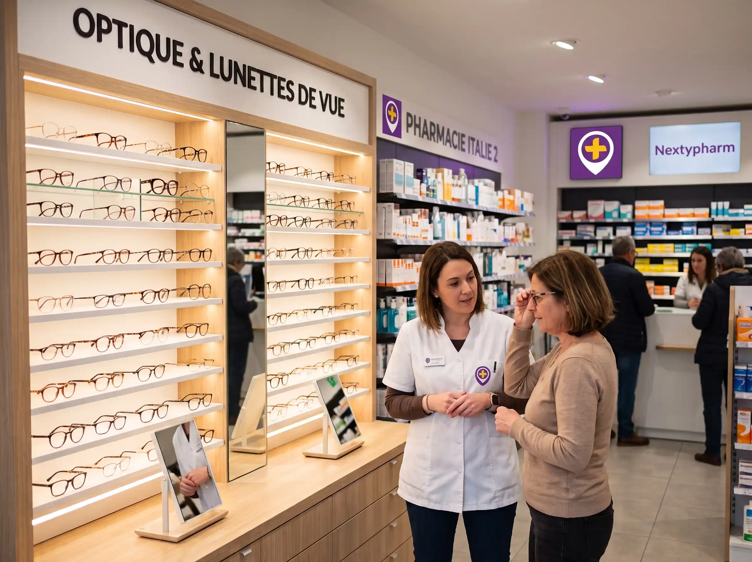 Pharmacienne de la Pharmacie Italie 2 Nextypharm conseillant une cliente dans le rayon optique et lunettes de vue.